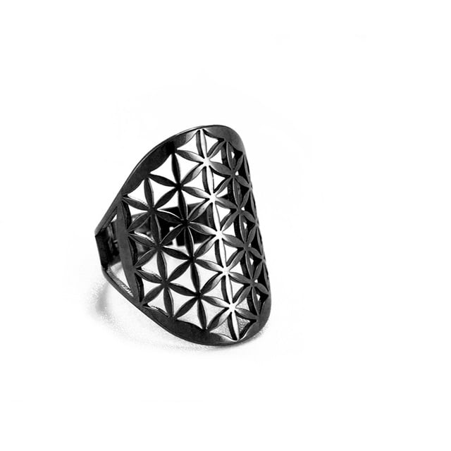 Regulējams Flower of Life gredzens no nerūsējošā tērauda - 7. modelis - melns