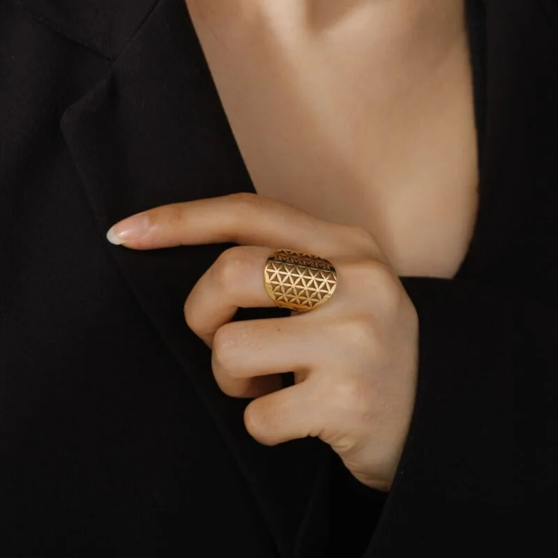 Verstellbarer Ring „Blume des Lebens“ aus Edelstahl, Modell 7, Goldreihe 2 | Esoteria.shop