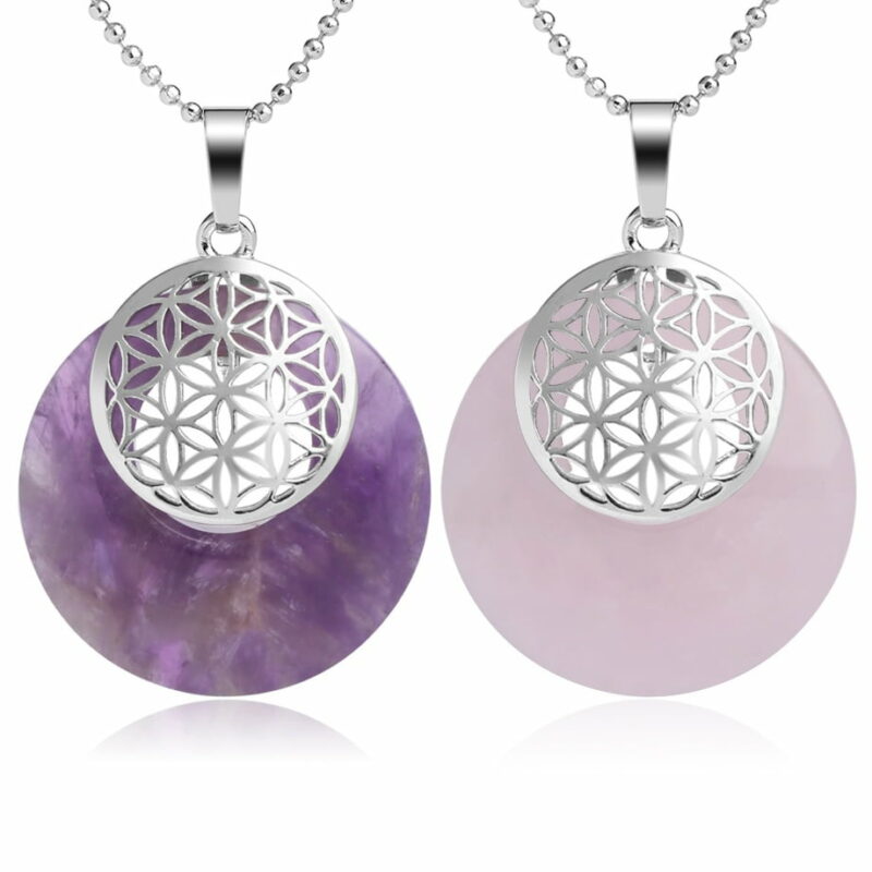 Collier pendentif Fleur de Vie en plaqué platine et pierre naturelle 2
