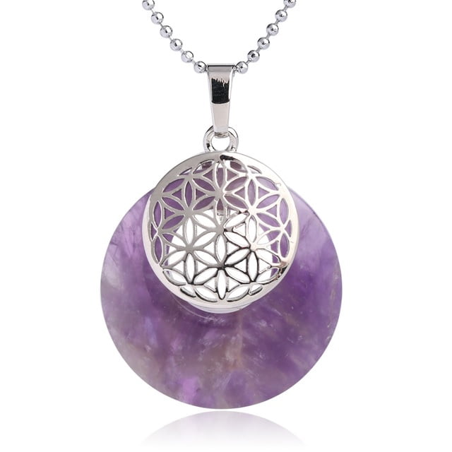 Flower of Life Pendant Halskette a Platin plated an Natursteen - Amethyst