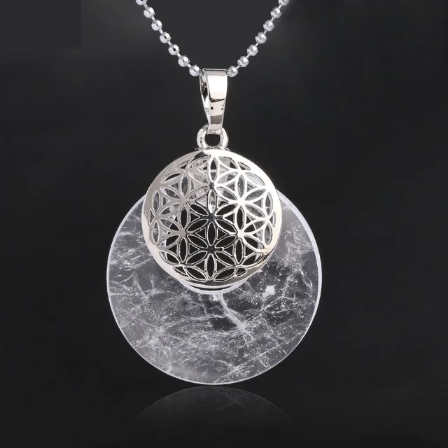 Collier pendentif Fleur de Vie en plaqué platine et pierre naturelle - Cristal de roche