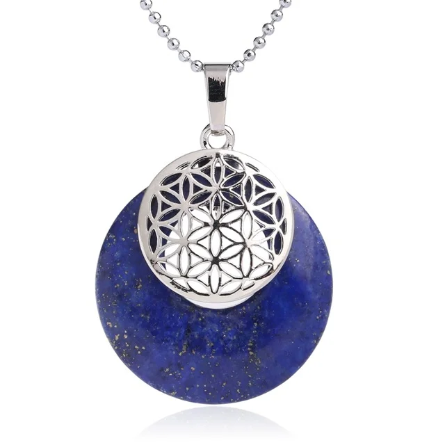 Collier pendentif Fleur de Vie en plaqué platine et pierre naturelle - Lapis lazuli