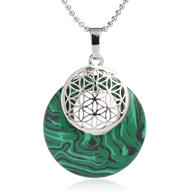 Collier pendentif Fleur de Vie en plaqué platine et pierre naturelle - Malachite
