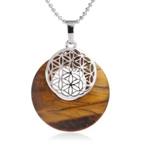 Halskette mit Anhänger „Blume des Lebens“ aus platiniertem Naturstein – Tigerauge