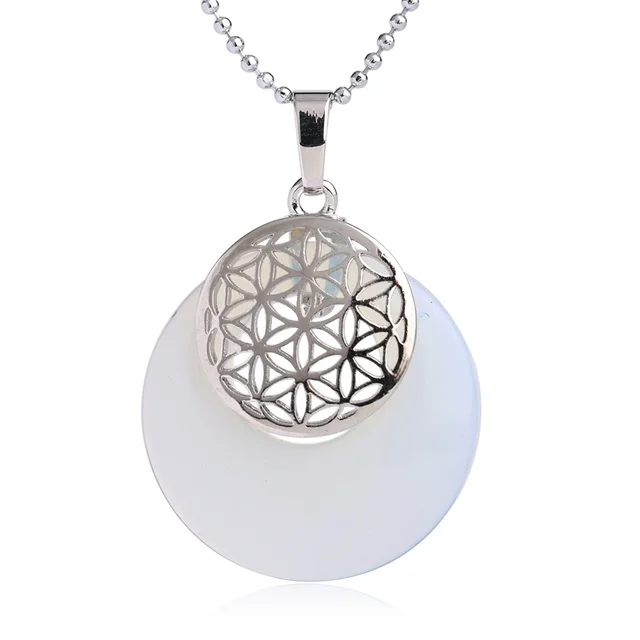 Collier pendentif Fleur de Vie en plaqué platine et pierre naturelle - Opale