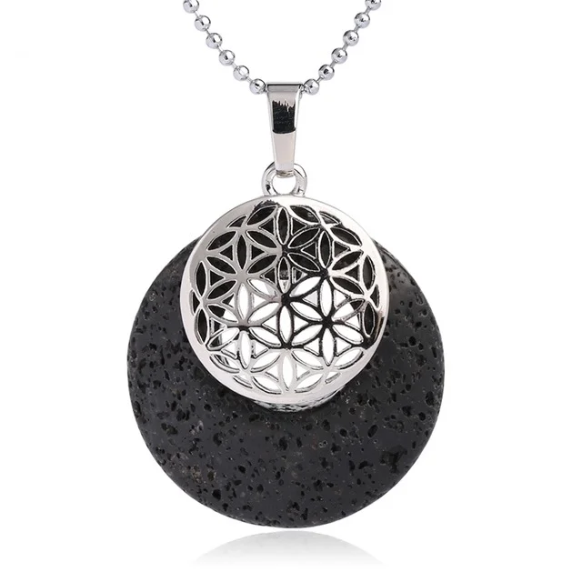 Collier pendentif Fleur de Vie en plaqué platine et pierre naturelle - Pierre de lave