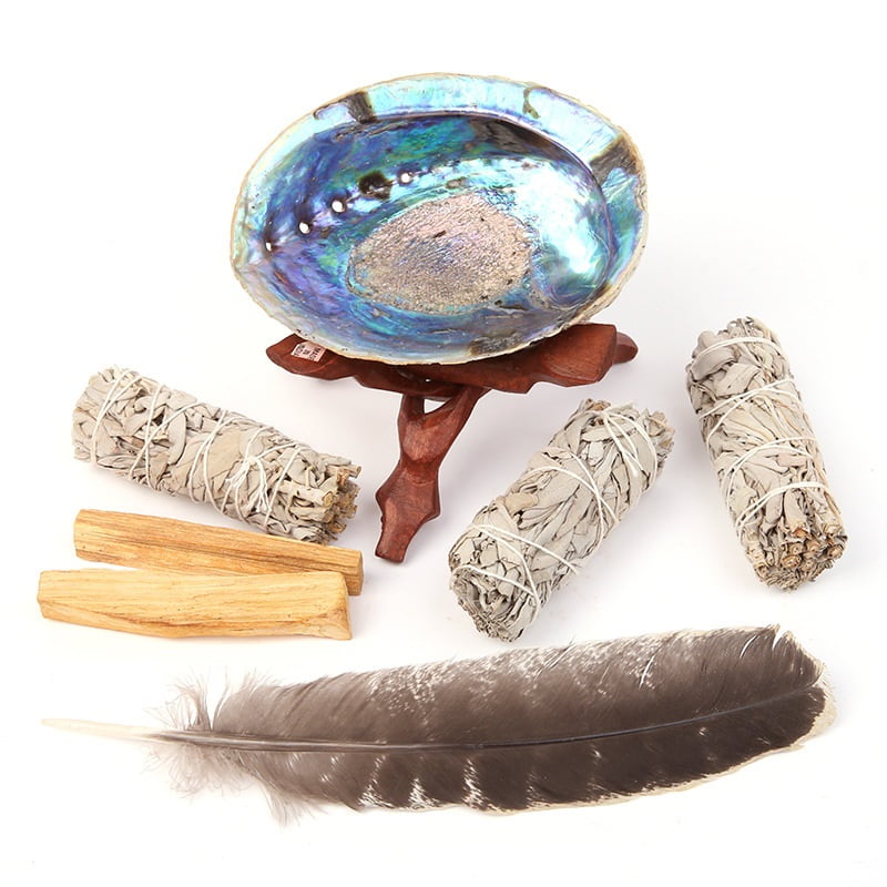 Komplet za zaplinjevanje (beli žajbelj, palo santo, školjka abalona in puranje pero)