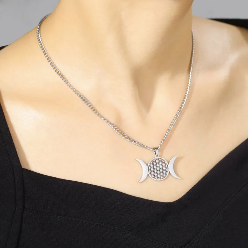 Dreifachmond-Halskette mit Anhänger „Blume des Lebens“ Silber 2 | Esoteria.shop