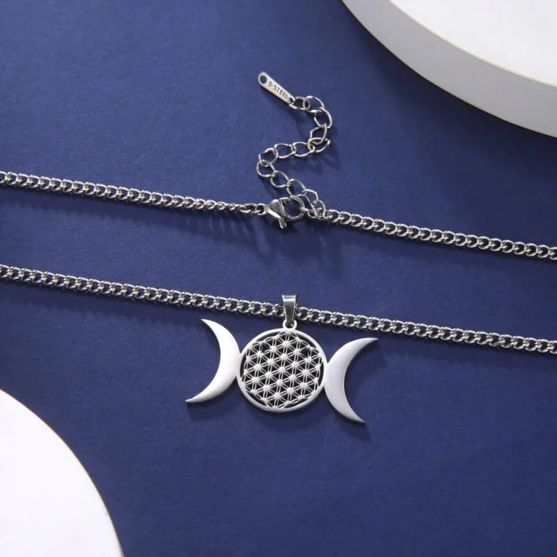 Dreifachmond-Halskette mit Anhänger „Blume des Lebens“ Silber 4 | Esoteria.shop