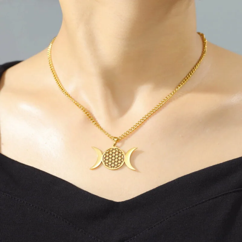 Dreifachmond-Halskette mit Anhänger „Blume des Lebens“ Gold 2 | Esoteria.shop