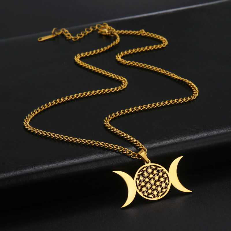Naszyjnik z potrójnym księżycem, kwiatem życia, złoty 3 | Esoteria.shop