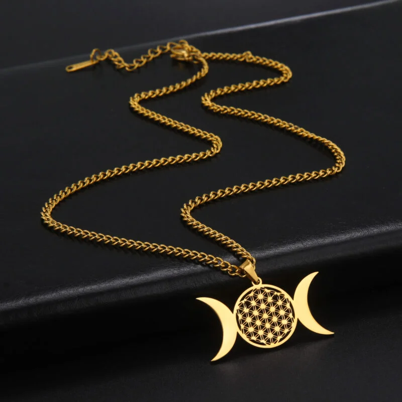 Dreifachmond-Halskette mit Anhänger „Blume des Lebens“ Gold 3 | Esoteria.shop