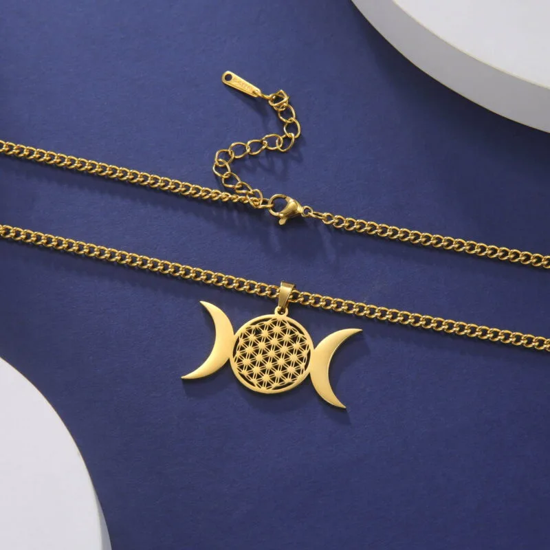 Dreifachmond-Halskette mit Anhänger „Blume des Lebens“ Gold 4 | Esoteria.shop