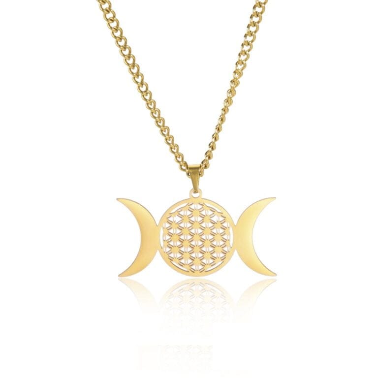 Triple Moon Blummen vum Liewen Pendant Halskette - Gold