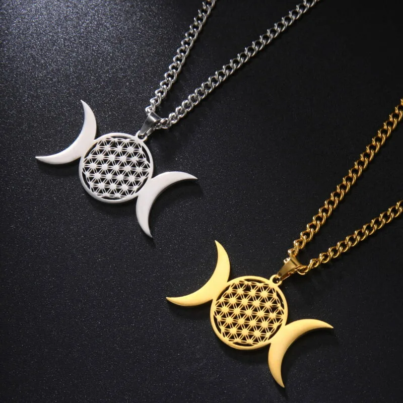 Halskette mit Dreifachmond-Anhänger „Blume des Lebens“ aus Gold und Silber | Esoteria.shop
